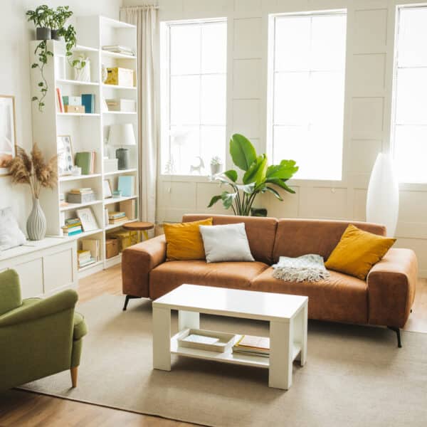 Sofa and armchair in living room. Interior of simple home. Furniture is arranged in sitting area.