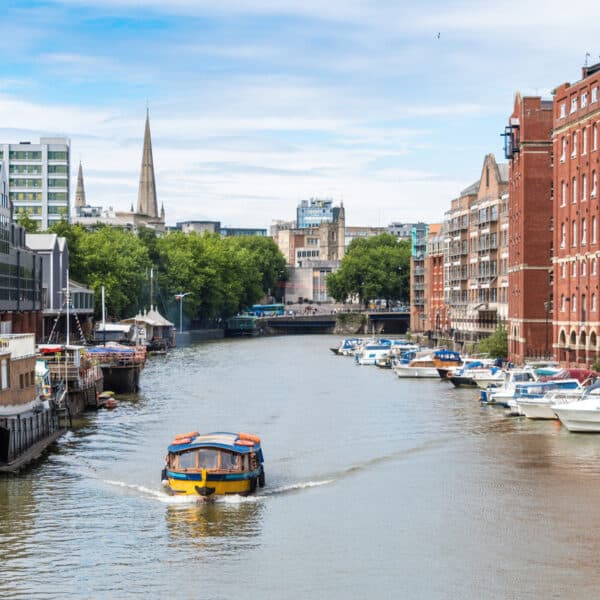 Small ferry boat on canal in Bristol, England.